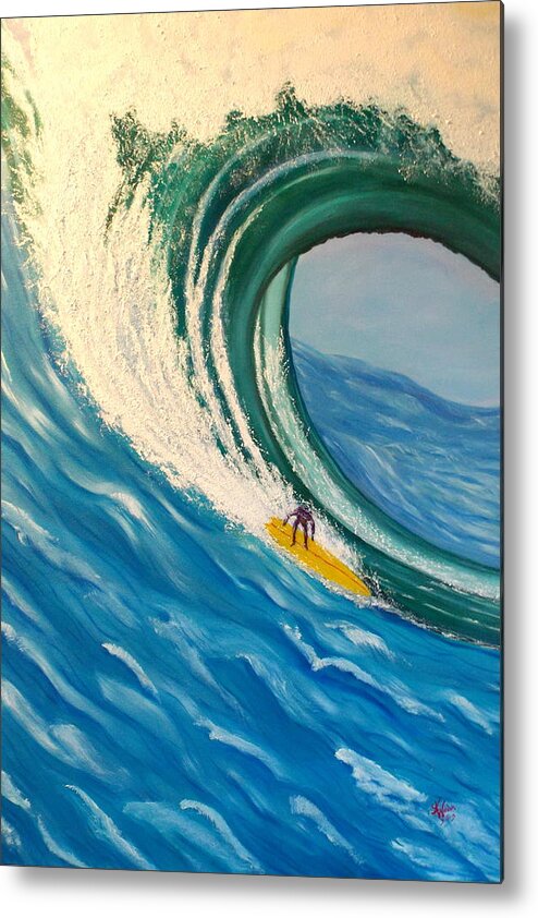 Wave Metal Print featuring the painting Surfing the Gigantic Wave by Kathern Ware