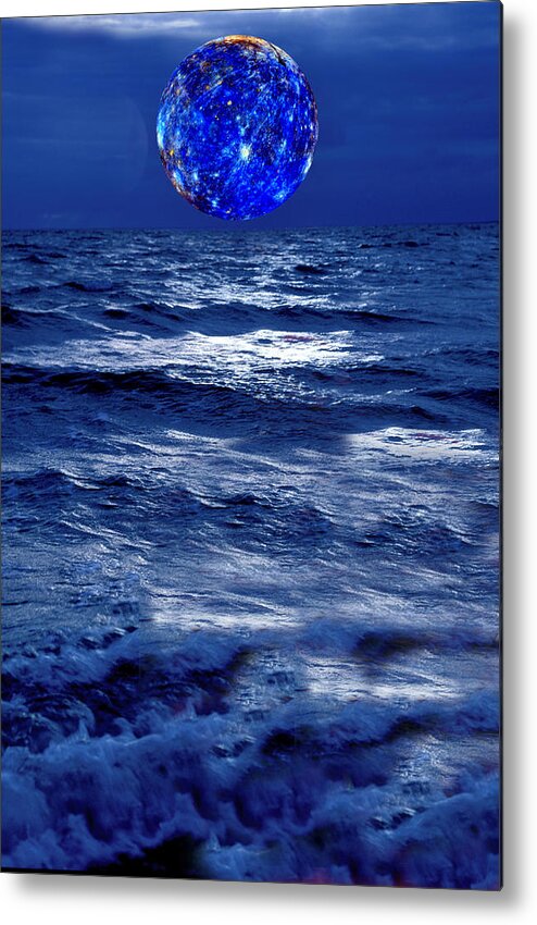 Moon Metal Print featuring the photograph Surreal Planet Rising Over Blu Waters by Christian Lagereek