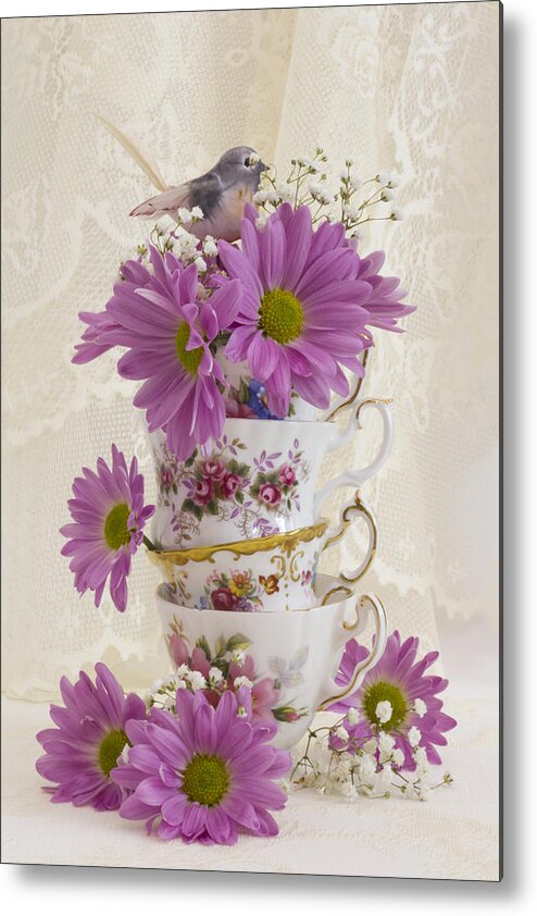 Tea Cups And Daisies Still Life Metal Print featuring the photograph Tea Cups And Daisies by Sandra Foster