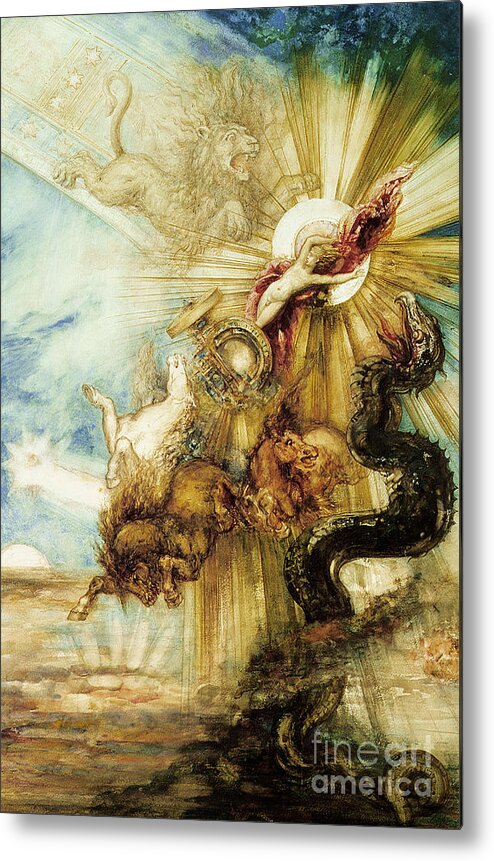 Symbolist; Greek; God; Chariot; Monster; Sun; Scorpio; Lion; Leo; Cabinet Des Dessins; Constellation; Zodiac; Youth; Terror; Phaeton; Son Of Helios; Drives Sun Chariot Too Close To Earth; Killed By Thunderbolt From Zeus To Prevent Disaster Metal Print featuring the painting The Fall of Phaethon by Gustave Moreau