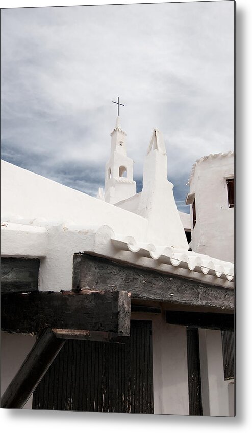 Azure Metal Print featuring the photograph Binibeca vell in Menorca is a small fishermen villa with the taste of past times - The white Chapel by Pedro Cardona Llambias