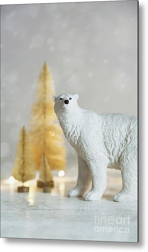 Christmas Metal Print featuring the photograph Toy polar bear with little gold trees and lights by Sandra Cunningham