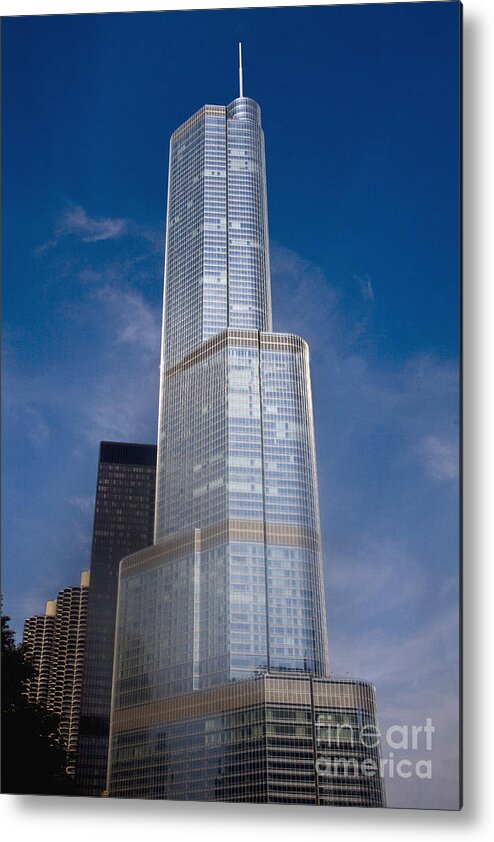 America; American; Apartment; Architecture; Architectural; Blue Sky; Building; High Rise; City; Tower; City Scene; Cityscape; Tourism; Daytime; Outside; Outdoors; Downtown; Exterior; Illinois; Chicago; Usa; United States; Tree; Skyscraper; Tourist Attraction; Trump International Hotel; Hotel; Trump International Tower; 21st Century; Urban Metal Print featuring the photograph Trump by Margie Hurwich