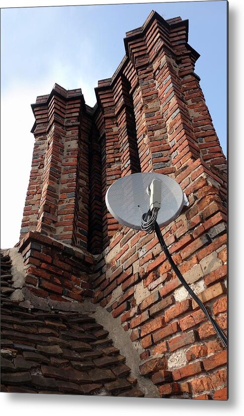 Old And New Metal Print featuring the photograph Tudor Chimneys With Satellite Dish by Cordelia Molloy