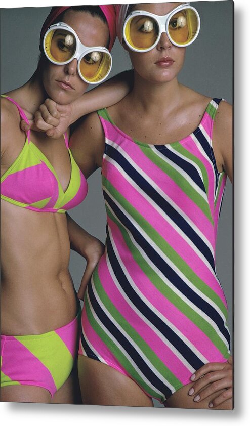 Fashion Metal Print featuring the photograph Goggles And Striped Swimsuits by Jean-Jacques Bugat