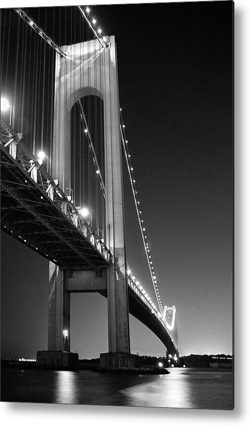 Verrazano Bridge Metal Print featuring the photograph Verrazano Bridge at night - Black and White by Gary Heller