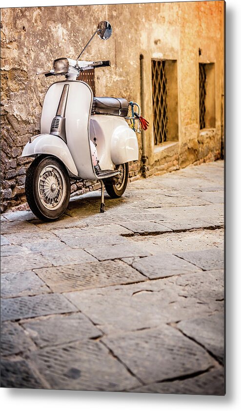 Land Vehicle Metal Print featuring the photograph Vespa Scooter In Old Italian Alley by Giorgiomagini