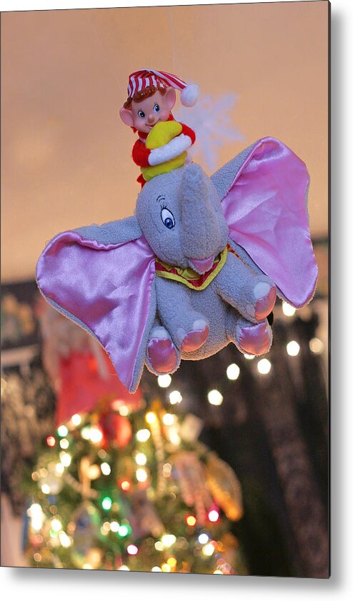 Vintage Christmas Elf Metal Print featuring the photograph Vintage Christmas Elf Flying with Dumbo by Barbara West