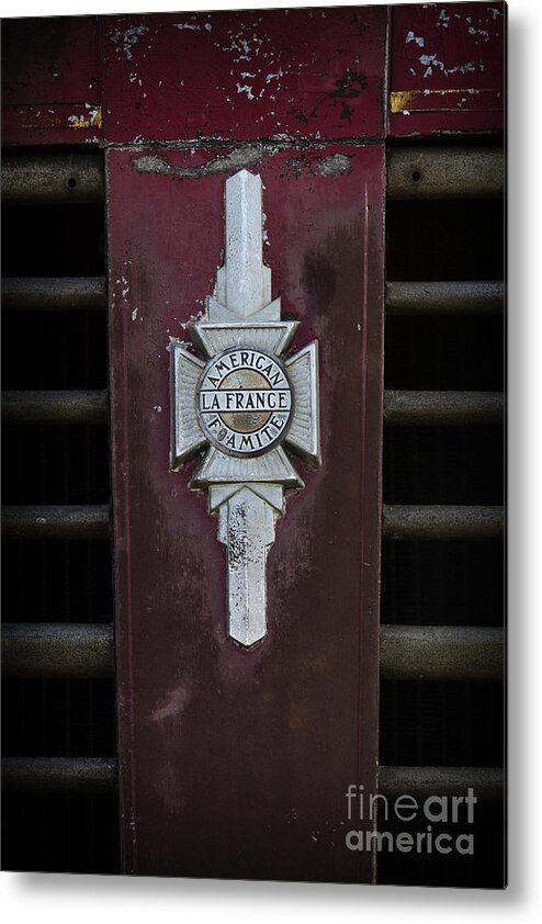 Fire Truck Metal Print featuring the photograph Vintage Fire Truck Emblem by Carrie Cranwill