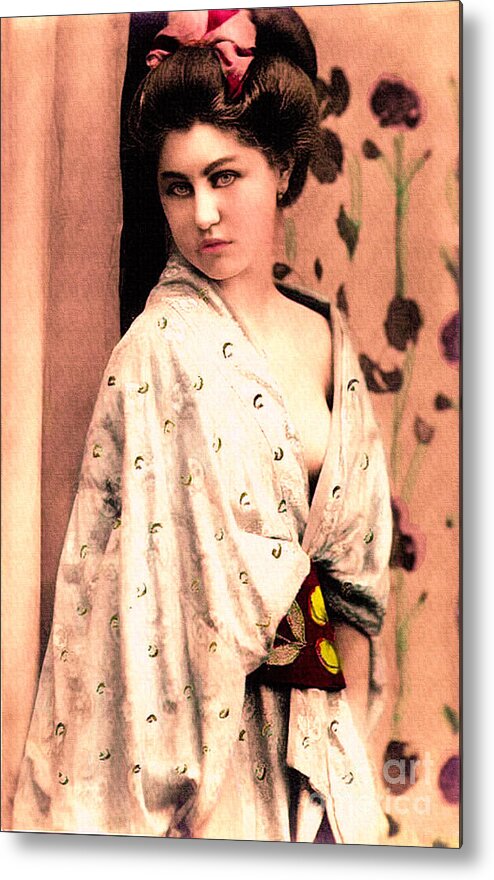 Vintage Metal Print featuring the photograph Vintage Lady In Kimono Peach by Lesa Fine