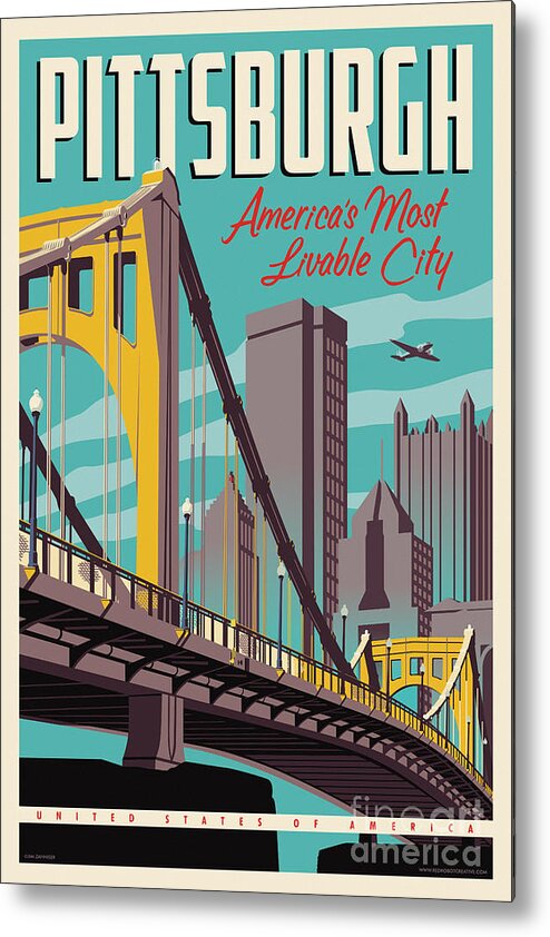 Travel Poster Metal Poster featuring the digital art Pittsburgh Poster - Vintage Travel Bridges by Jim Zahniser