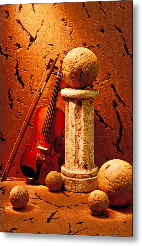 Violin Metal Print featuring the photograph Violin and pedestal with stone balls by Garry Gay