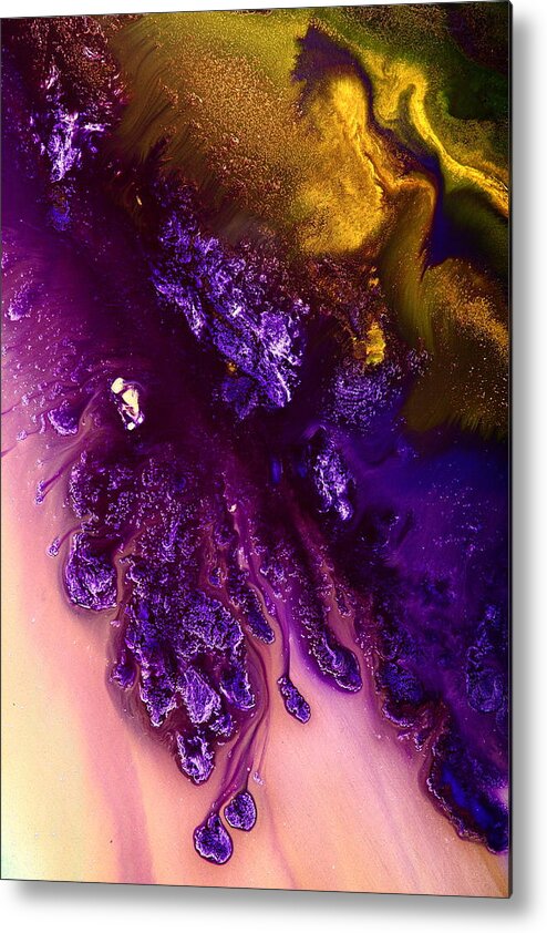 Gold Abstract Metal Print featuring the painting Vivid Abstract Art Purple Fugitive-Gold Tones Fluid Painting by KredArt by Serg Wiaderny