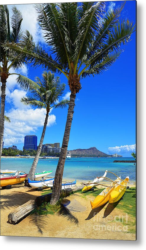Waikiki Metal Print featuring the photograph Waikiki Beach Canoes Under Palm Trees by Aloha Art
