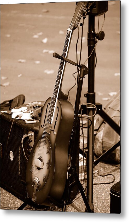 Guitar Amp Amps Cords Guitars Vintage Blues Performance Jazz Metal Print featuring the photograph Waiting to be Played by Holly Blunkall