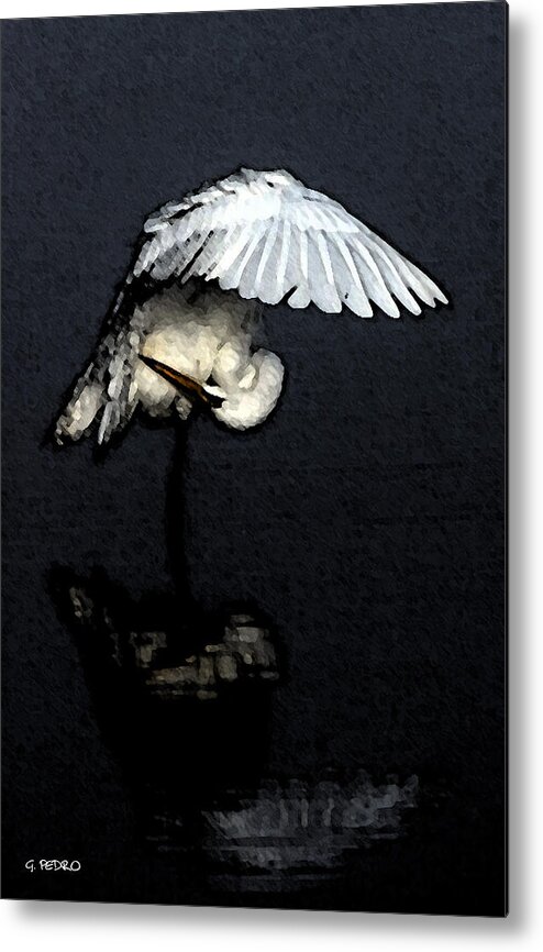 White Metal Print featuring the painting White Crane at Dusk by George Pedro