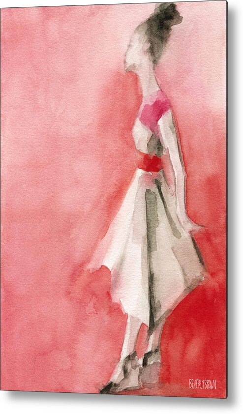 Fashion Metal Print featuring the painting White Dress with Red Belt Fashion Illustration Art Print by Beverly Brown Prints