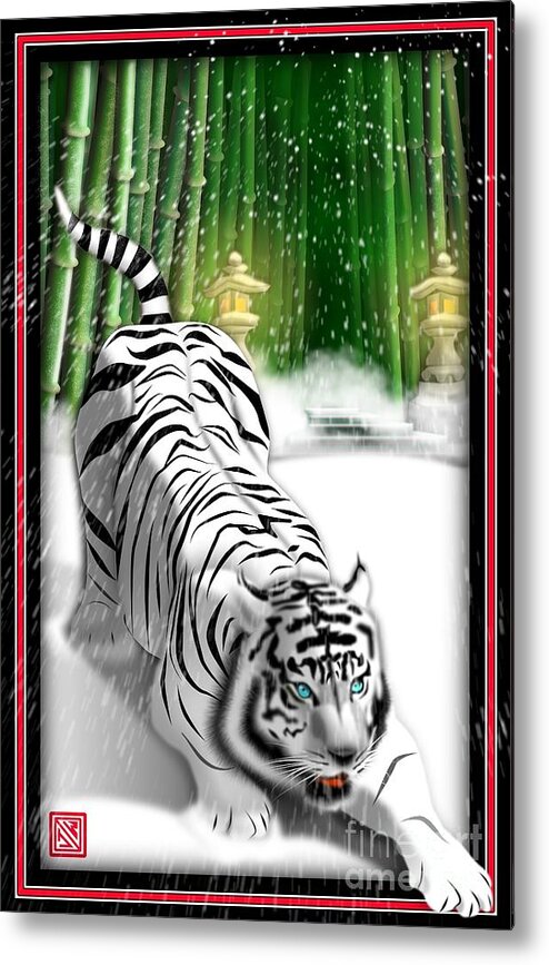 White Tiger Bamboo Mystical Forest China Bamboo Digital Tiger Painting Tiger Print White Tiger Snow Tiger Ancient Bamboo Forest Protective Tiger Defending Tiger Digital Tiger And Bamboo Bengal Tiger Painting Metal Print featuring the digital art White Tiger Guardian by John Wills