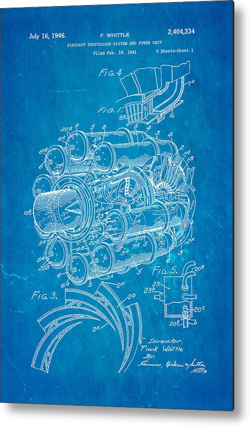 Aviation Metal Print featuring the photograph Whittle Jet Engine Patent Art 1946 Blueprint by Ian Monk