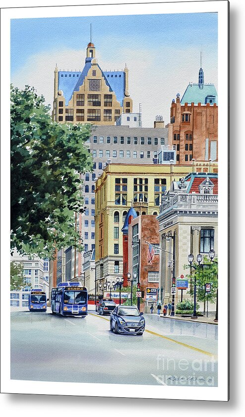  Milwaukee Street Scene. Wisconsin Avenue Watercolor Painting In Downtown Milwaukee Metal Print featuring the painting On Wisconsin by Rick Mock