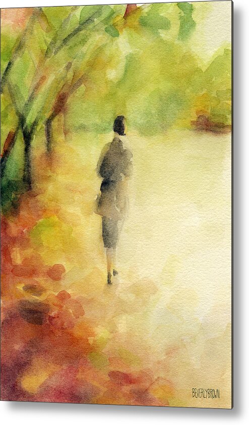 Earth Tone Metal Print featuring the painting Woman Walking Autumn Landscape Watercolor Painting by Beverly Brown Prints