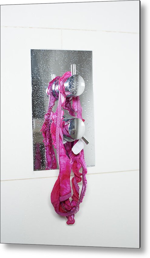 Shower Metal Print featuring the photograph Woman's knickers hanging up in shower by Paul Viant