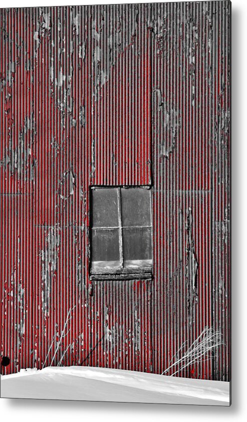 Maybee Metal Print featuring the photograph Zink rd Barn Window BW Red by Daniel Thompson