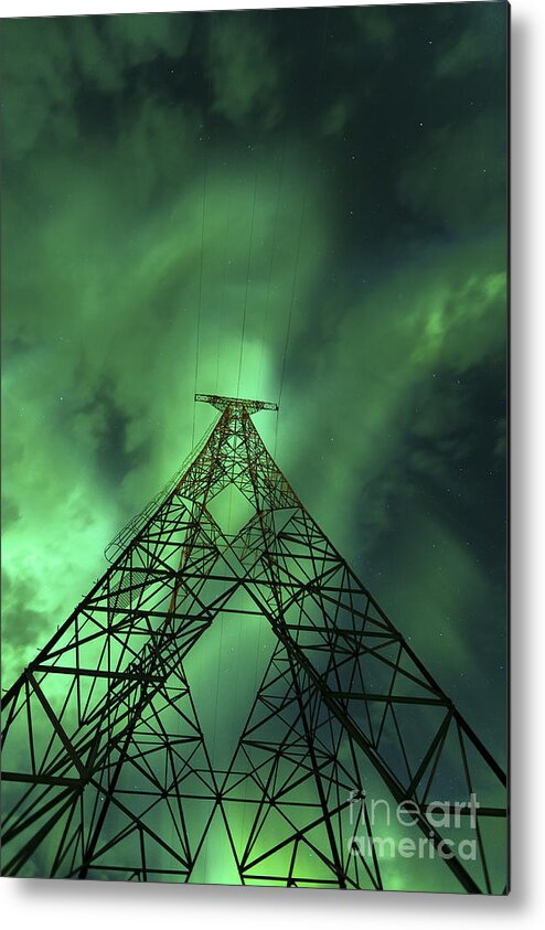Green Metal Print featuring the photograph Powerlines And Aurora Borealis #5 by Arild Heitmann