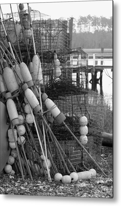 Fine Art Metal Print featuring the photograph All Stacked Up in black and white by Suzanne Gaff