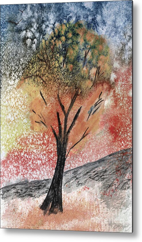 Surreal Unreal Imaginary Art Artwork R Kyllo Watercolor Painting Landscape Tree Calm Peace Calming Relax Relaxing Peaceful Escape Escapism Abstract Blue Red Orange Metal Print featuring the painting Autumn Tree No. 1 by R Kyllo