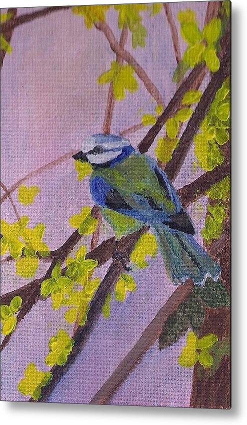 Blue Bird On A Tree Branch Metal Print featuring the painting Blue Bird by Christy Saunders Church