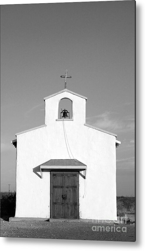Travelpixpro West Texas Metal Print featuring the photograph Calera Mission Chapel Facade in West Texas Black and White by Shawn O'Brien