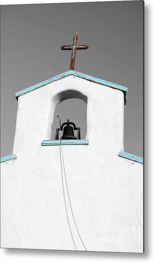 Travelpixpro West Texas Metal Print featuring the photograph Cross and Steeple Bell of Calera Church in West Texas Color Splash Black and White by Shawn O'Brien
