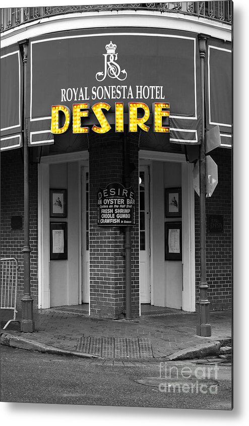 Desire Metal Print featuring the photograph Desire Corner Bourbon Street French Quarter New Orleans Color Splash Black and White Digital Art by Shawn O'Brien