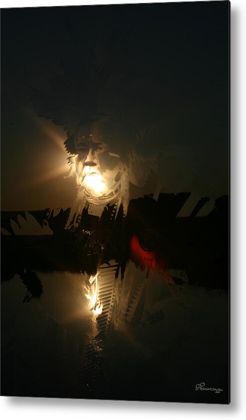 Native Art Sun Set Valley Head Dress Feathers Scenery River Reflection Water Saskatchewan Artist Greeting Cards Metal Print featuring the photograph His Valley by Andrea Lawrence