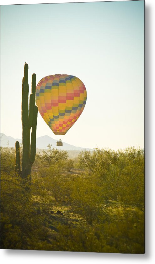 Arizona Metal Print featuring the photograph Hot Air Balloon over the Arizona Desert With Giant Saguaro by James BO Insogna
