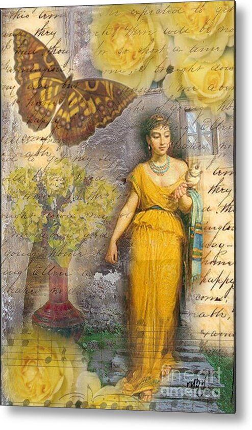 Yellow;butterfly;vintage;lady;waterhouse;roses;script Metal Print featuring the digital art LaFileuse of 1874 by Ruby Cross