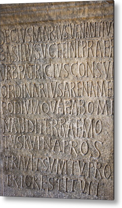 Vertical Metal Print featuring the photograph Latin Inscription On The Wall In The Colosseum by Gonzalo Azumendi