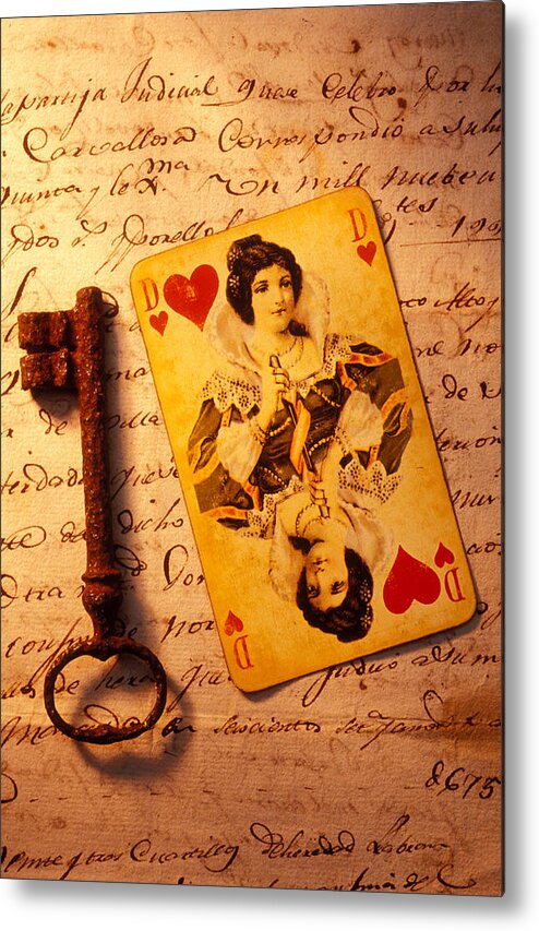 Playing Metal Print featuring the photograph Old playing Card and key by Garry Gay