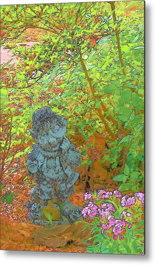 Pixies Gardens Flowers Greenery Nature Elves Gnomes Leprachauns Metal Print featuring the digital art Puzzled by Wide Awake Arts