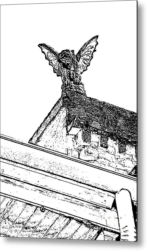 New Orleans Metal Print featuring the digital art Rooftop Gargoyle Statue above French Quarter New Orleans Black and White Stamp Digital Art by Shawn O'Brien