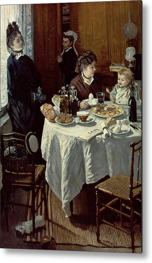 Interior;family;baby;impressionist;maid;feeding;meal;eating;food;daily Life;petit Dejeuner;table;boiled Eggs Metal Print featuring the painting The Breakfast by Claude Monet