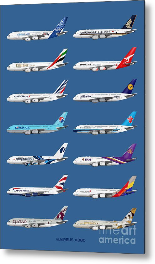 Airbus A380 Metal Print featuring the digital art Airbus A380 Operators Illustration - Blue Version by Steve H Clark Photography