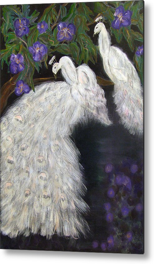 Peacocks Metal Print featuring the painting Albino Peacocks by Mikki Alhart