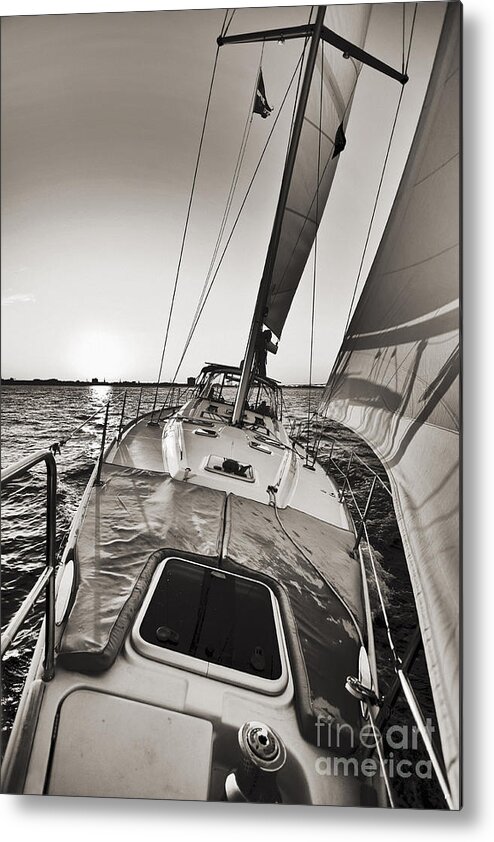 Beneteau 49 Sailing Yacht Close Hauled Charleston Sunset Sailboat Metal Print featuring the photograph Beneteau 49 Sailing Yacht Close Hauled Charleston Sunset Sailboat #1 by Dustin K Ryan