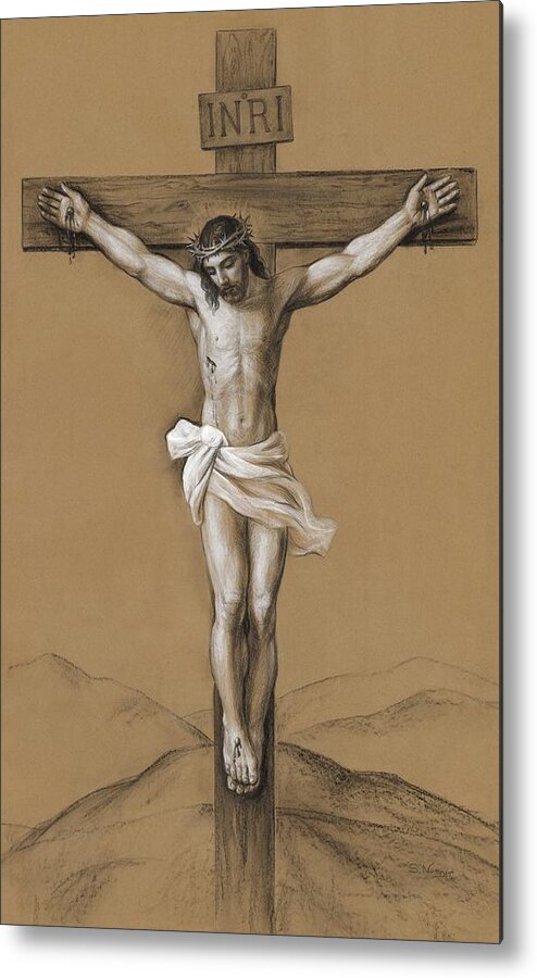 Christ Crucified Metal Print featuring the drawing Christ Crucified #1 by Svitozar Nenyuk