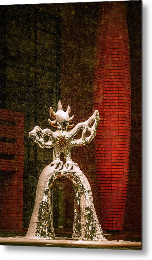 Usa Metal Print featuring the photograph Firebird Statue Made Of Glass During Snow Storm In Upton Charlot #1 by Alex Grichenko