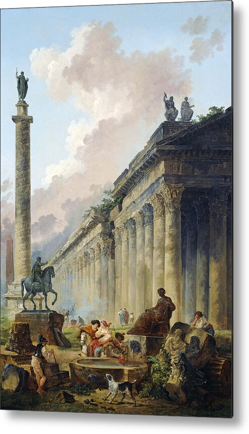 Hubert Robert Metal Print featuring the painting Imaginary View of Rome with Equestrian Statue of Marcus Aurelius, the Column of Trajan and a Temple by Hubert Robert