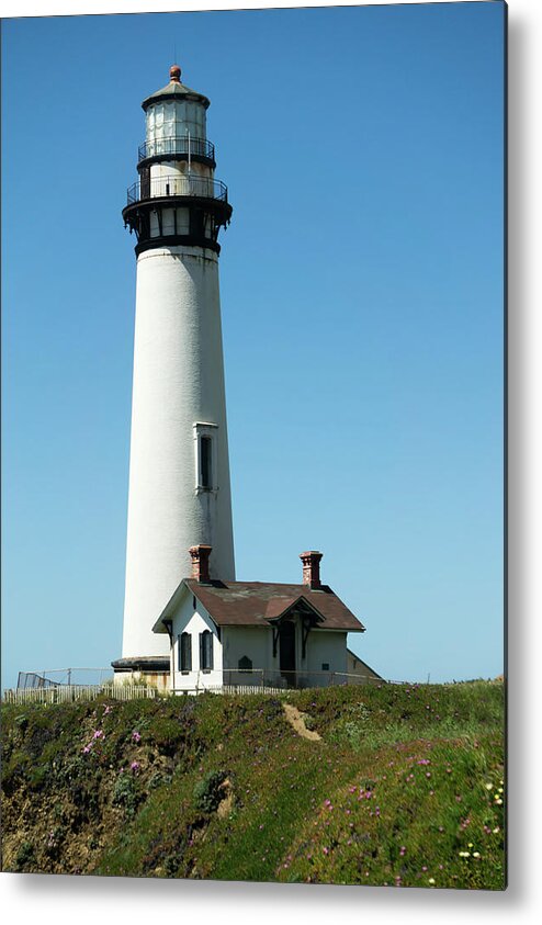 Light Metal Print featuring the photograph Pigeon Point Lighthouse and landscapes on pacific coast #1 by Alex Grichenko