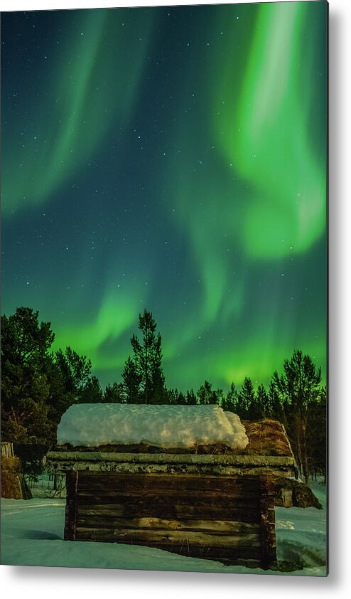 Landscape Metal Print featuring the photograph Sapmi Hut Under the Northern Lights Karasjok Norway by Adam Rainoff